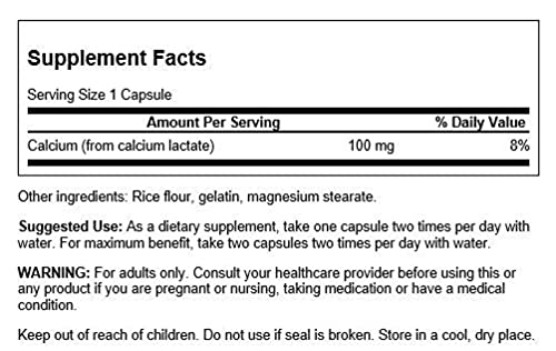 Swanson Calcio Lactato 100 mg en etiqueta, promueve confort digestivo.