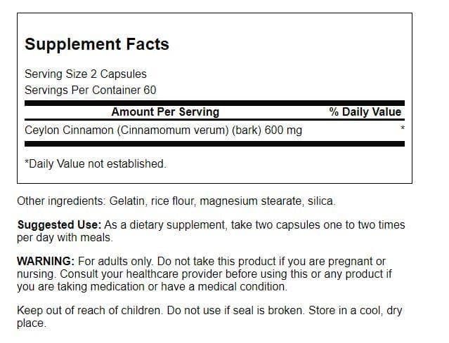 Cápsulas de Swanson Canela Verdadera de 300 mg para consumo diario.