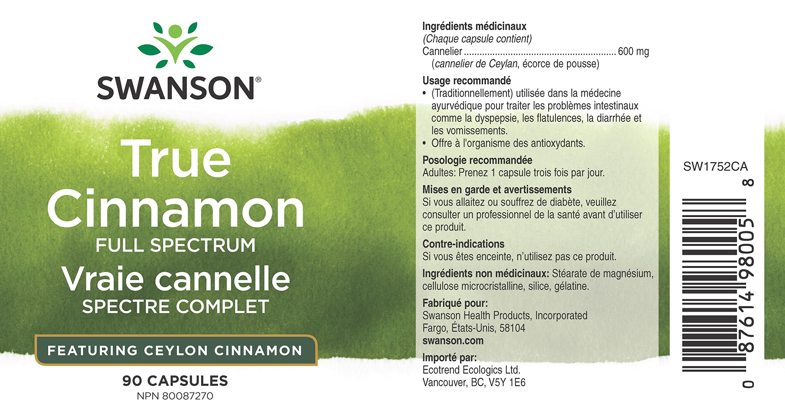 Cápsulas Swanson Canela Verdadera con dosis de 3 mg por cápsula