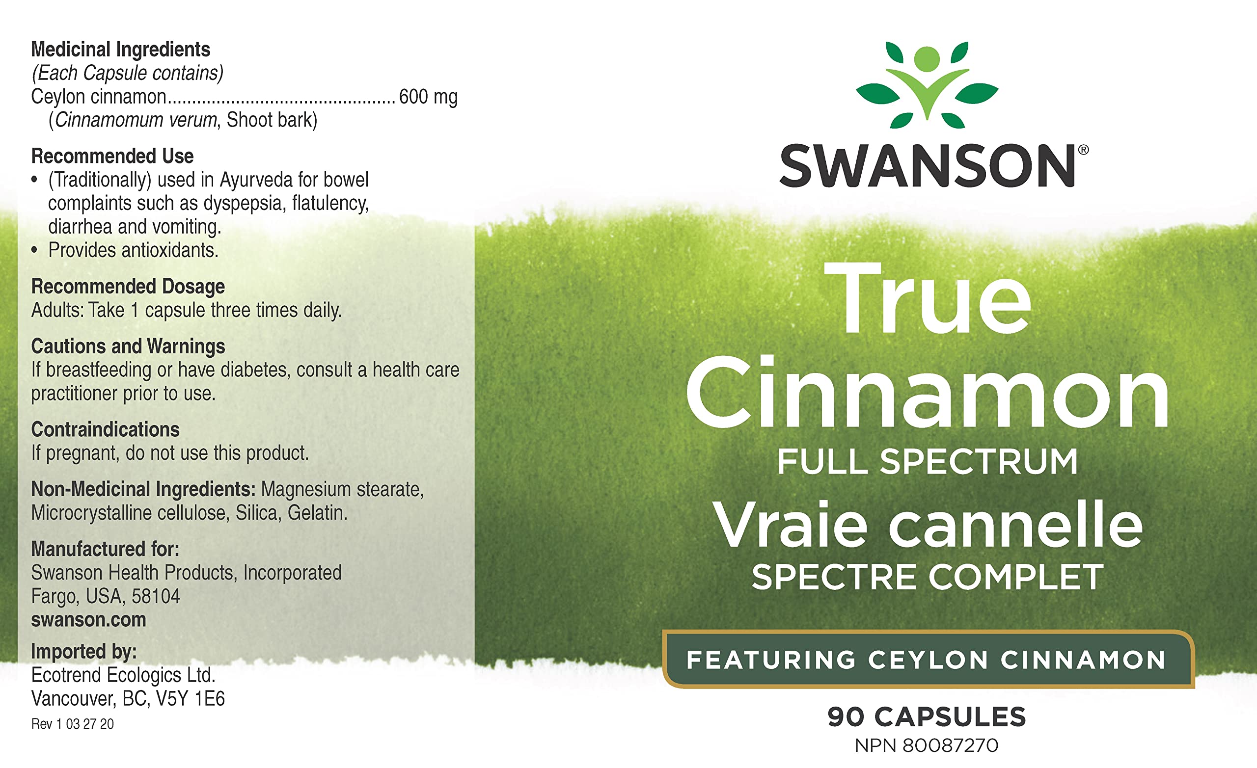Etiqueta de Swanson Canela Verdadera destaca origen en Sri Lanka
