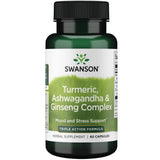 Swanson Full Spectrum Turmeric Ashwagandha y Ginseng Complex, cápsulas en botella, apoyo diario al bienestar.
