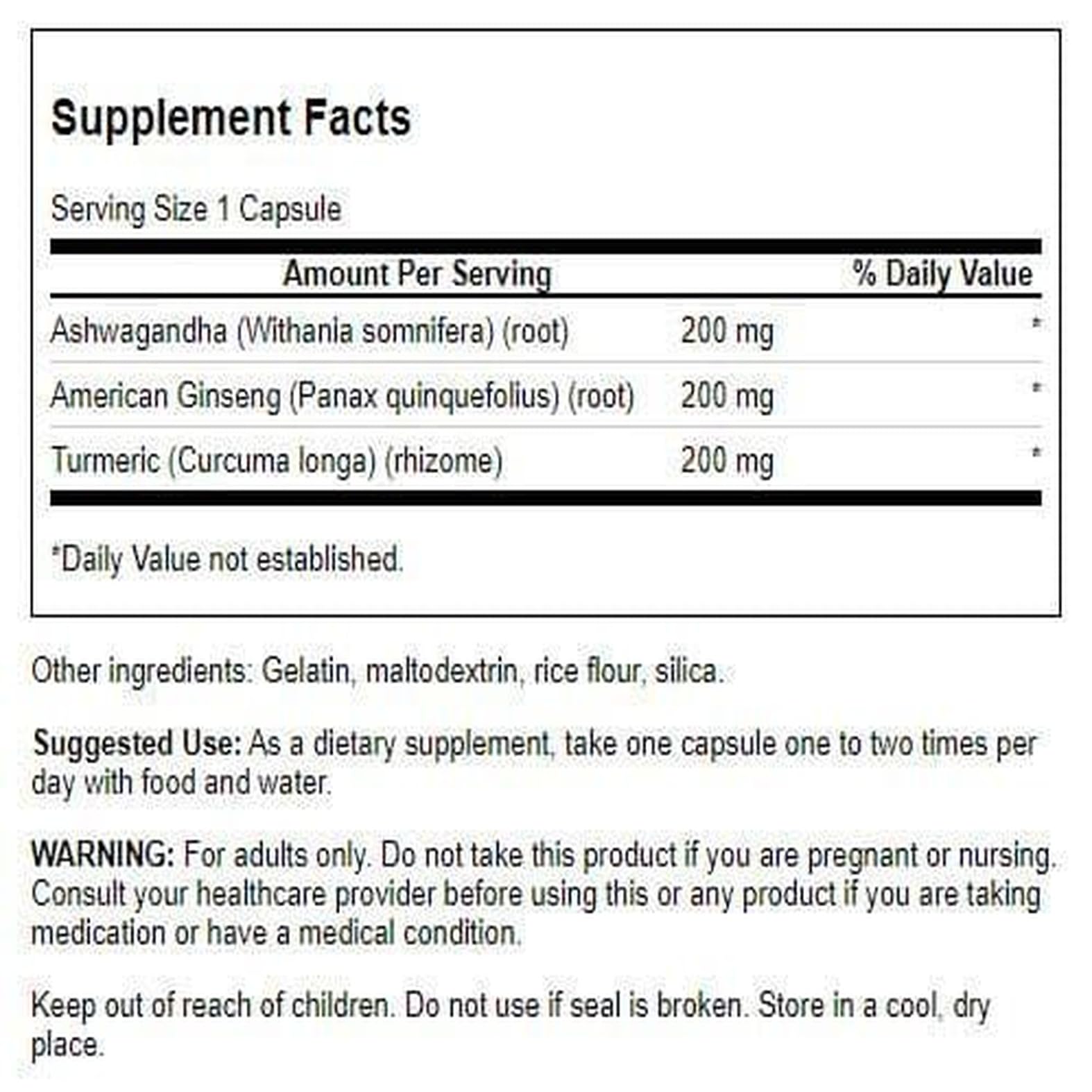Etiqueta frontal de Swanson Full Spectrum Turmeric Ashwagandha y Ginseng, fórmula adaptógena moderna.