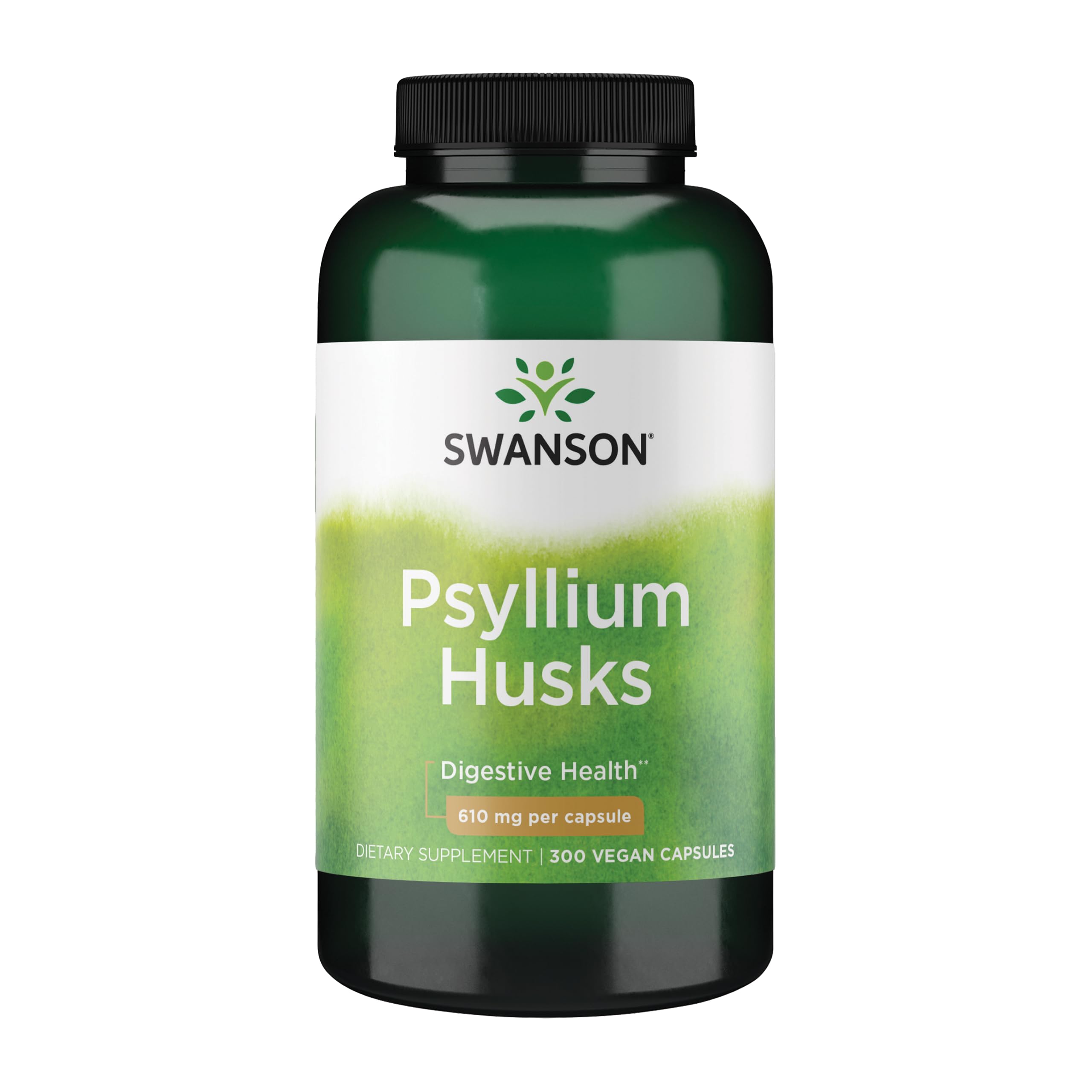 Swanson cápsulas de cáscara psyllium en bote, promueven salud digestiva con fibra soluble