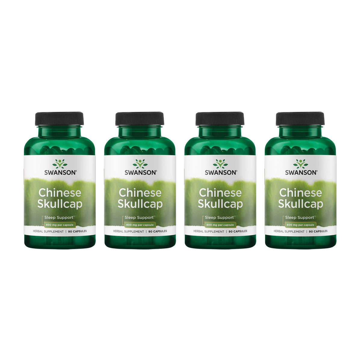 Swanson Escutelaria China, cápsulas de 400 mg, envase visible para apoyo diario de relajación.