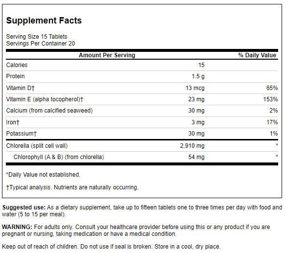 Swanson Chlorella tabletas con dosificación, uso para desintoxicación suave diaria.