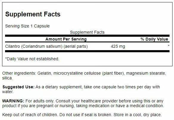 Swanson Cilantro en cápsulas de 60, pensado para uso saludable y antioxidante.