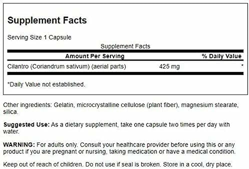 Swanson Cilantro etiqueta cerca, detalles del producto y beneficios antioxidantes