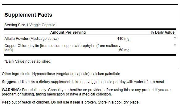 Swanson Clorofila 60 mg, etiqueta clara, destaca opciones veganas y sin OMG.