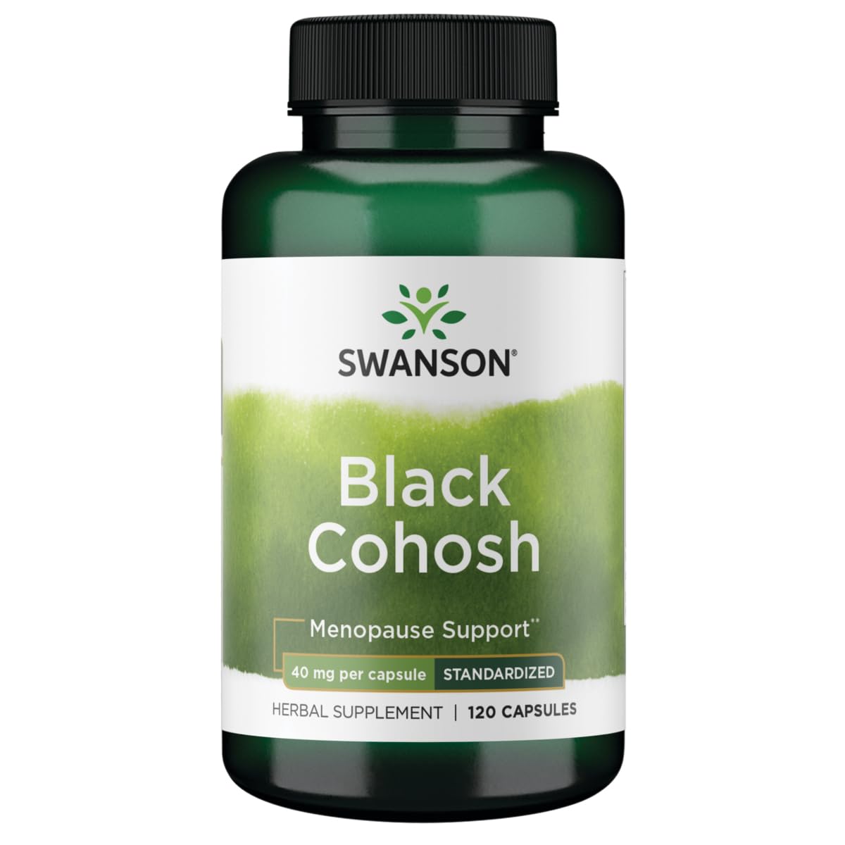 Swanson cohosh negro cápsulas: botella visible para apoyo al equilibrio hormonal.