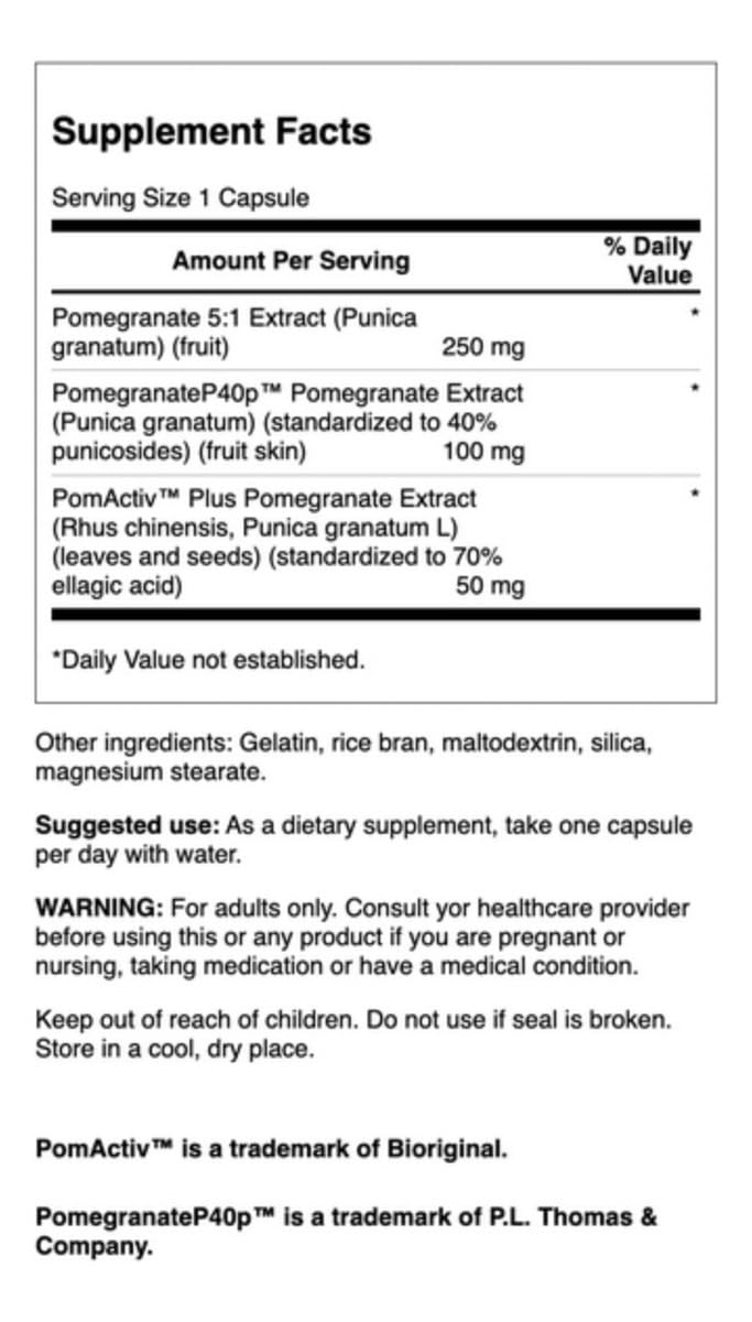 Swanson Complejo Granada etiqueta detalle, ingredientes y beneficios posibles para la salud.