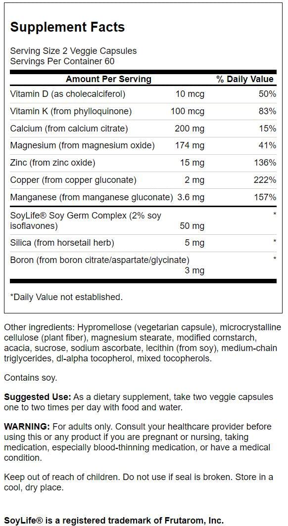 Swanson Esenciales Óseos 120 Cápsulas Veganas: etiqueta con información de ingredientes clave.
