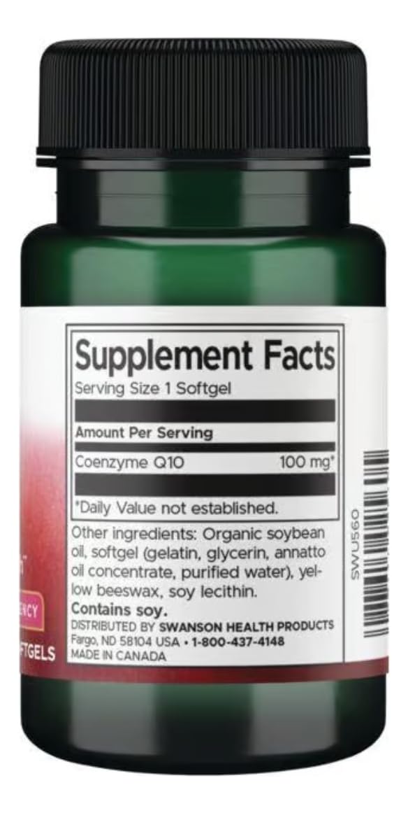 Swanson CoQ10 100 mg, cápsulas blandas en primer plano mostrando su textura
