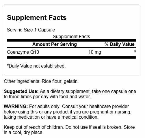 Swanson CoQ10 10 mg, etiqueta frontal, fórmula a base de plantas