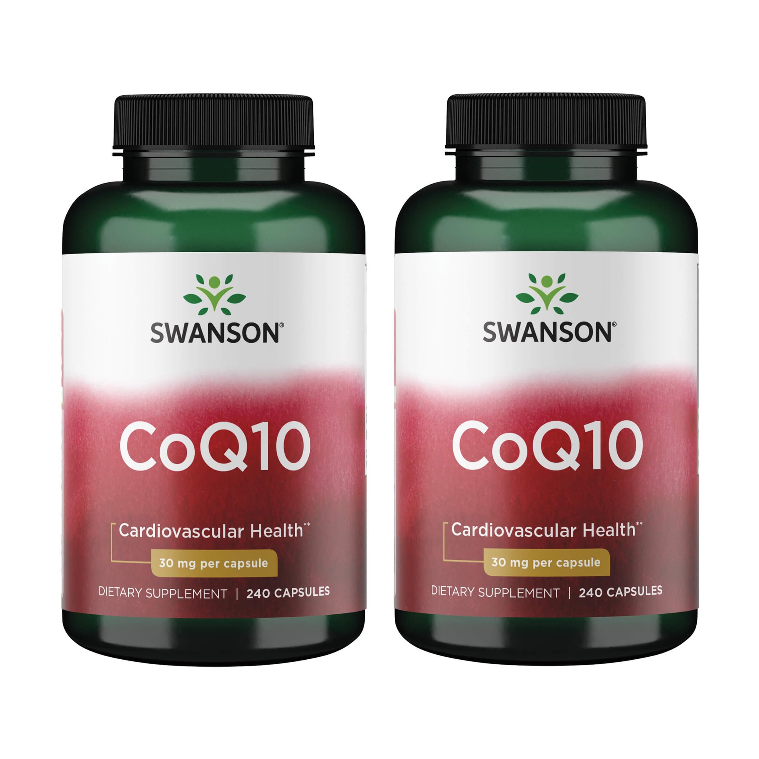 Swanson CoQ10 30 mg, botella frontal, apoyo al corazón durante la actividad diaria.