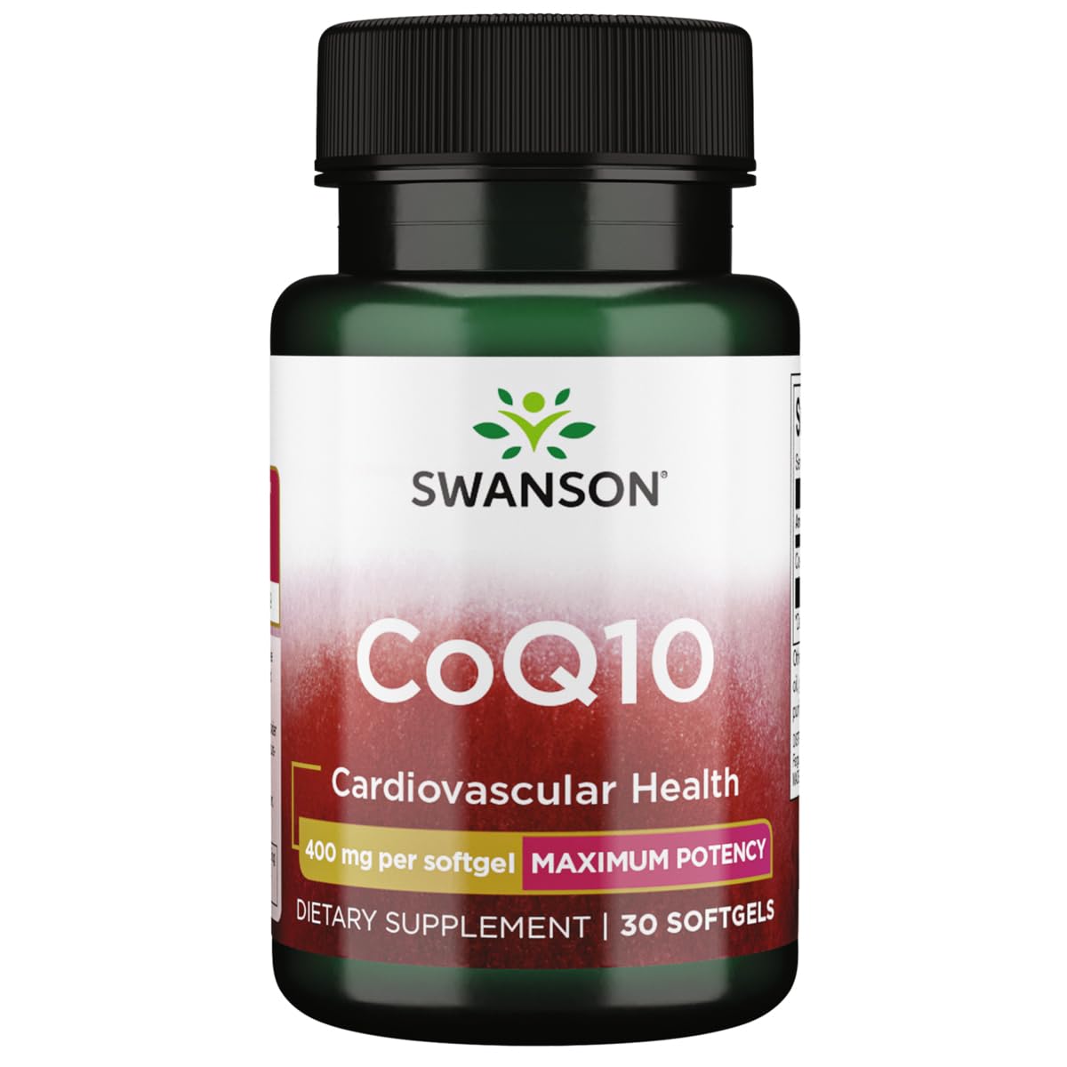 Swanson CoQ10, botella de 400 mg, apoya la salud cardiovascular y la energía diaria.