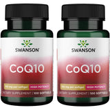 Swanson CoQ10, cápsulas suaves en botella, apoyo a la energía diaria.