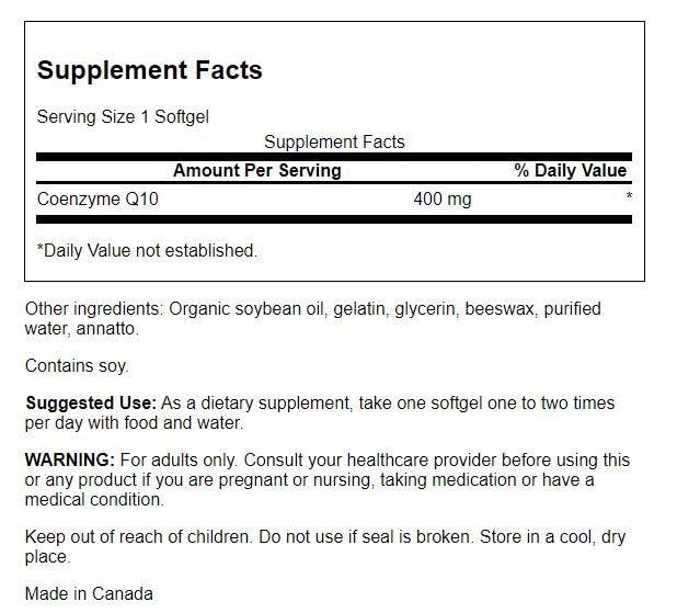 Swanson CoQ10, etiqueta de ingredientes, destaca pureza y compromiso con la calidad.