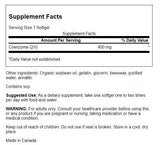 Swanson CoQ10, etiqueta de ingredientes, destaca pureza y compromiso con la calidad.