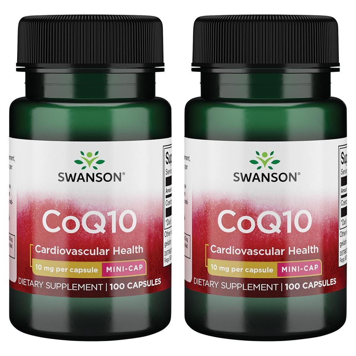 Swanson CoQ10 Mini Cap 10 mg, frasco frontal, apoyo antioxidante diario.