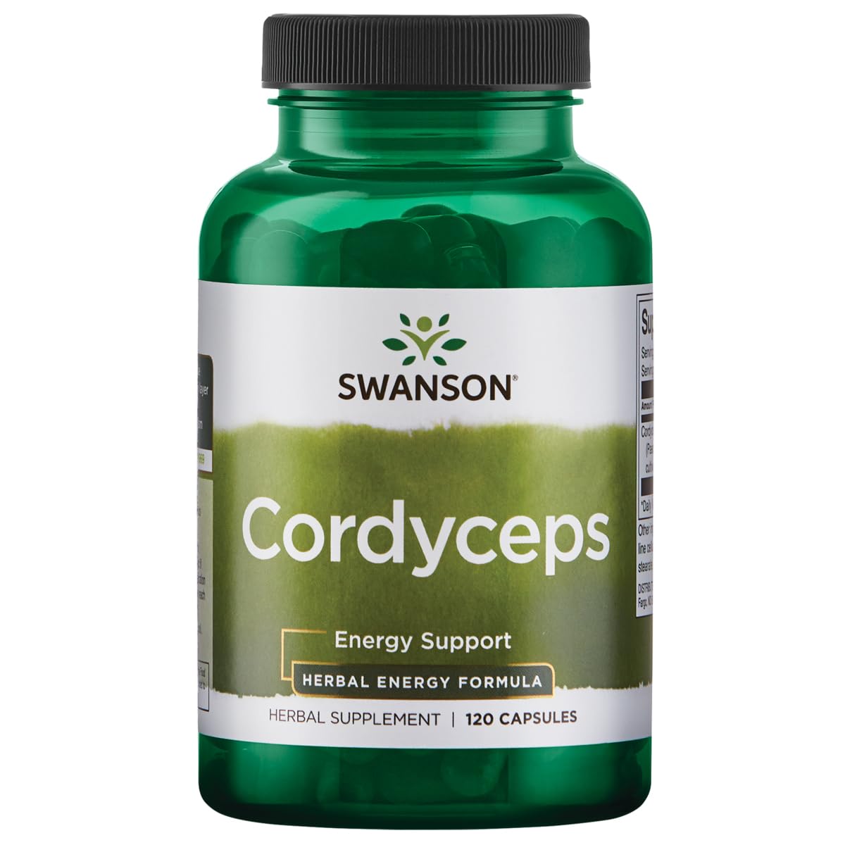 Frasco de Swanson Cordyceps 600 mg, cápsulas para energía sostenida.
