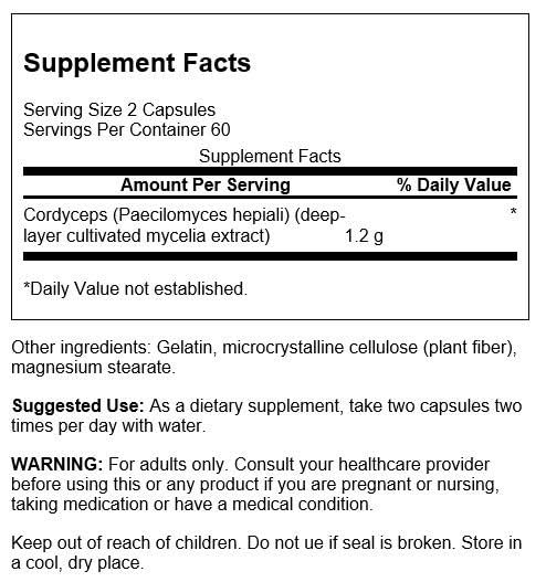 Detalle de cápsulas Swanson Cordyceps 600 mg para apoyo diario de vitalidad.