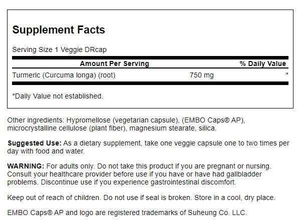 Swanson Curcuma en botella de 750 mg con 60 cápsulas veganas para uso diario