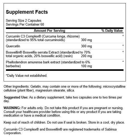 Swanson Curcumin C3 Complex con Boswellia y Quercetina, etiqueta clara para movilidad diaria