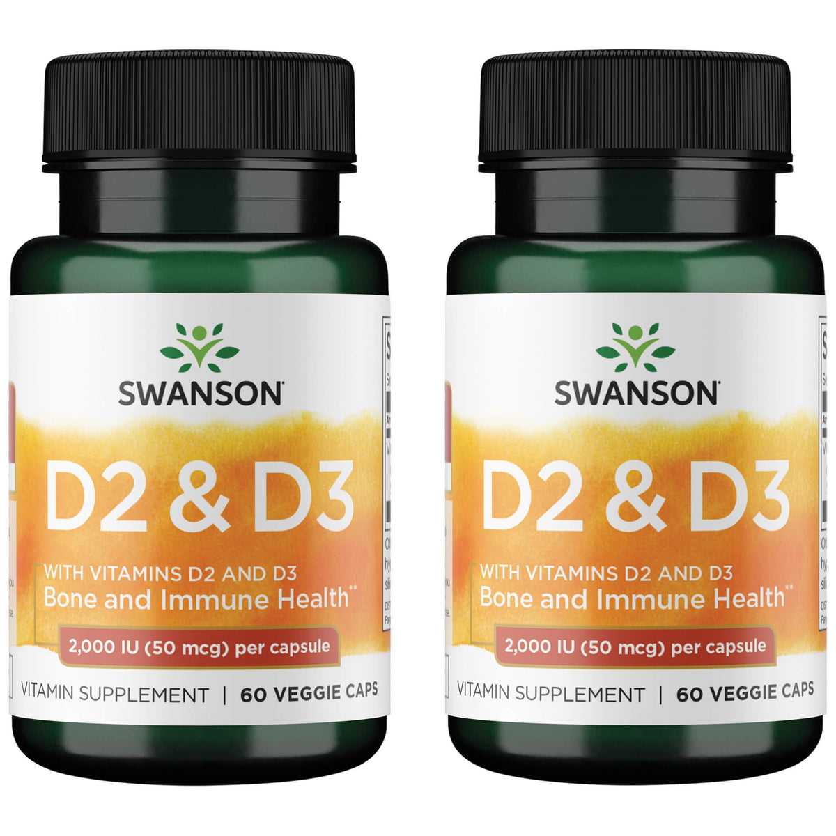 Swanson D2 y D3-2000 UI, cápsulas vegetales para apoyo diario de calcio