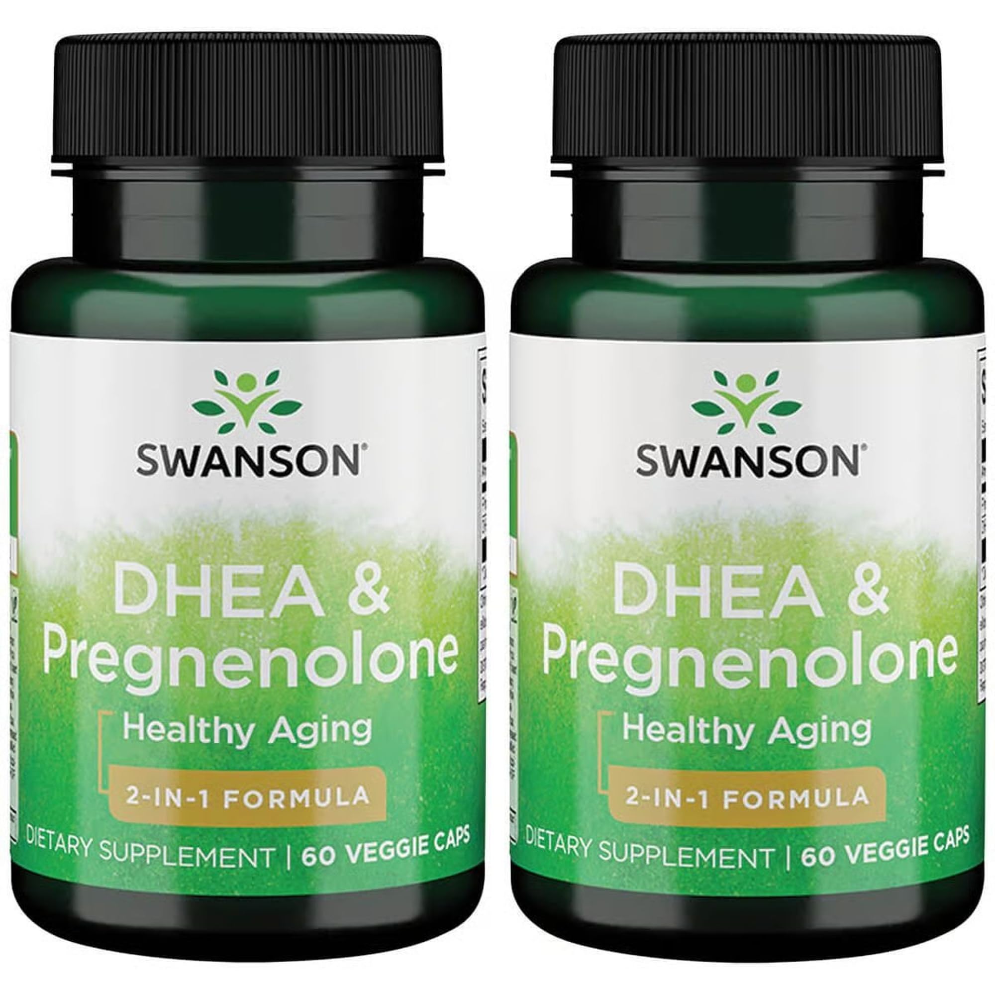 Swanson DHEA y pregnenolona complejo en botella, suplemento vegetariano práctico para la rutina diaria.