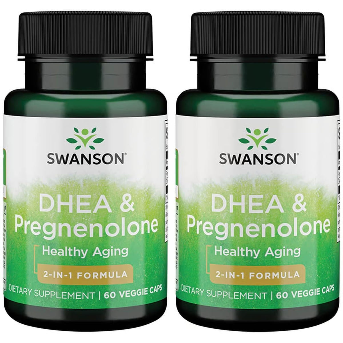 Swanson DHEA y pregnenolona complejo en botella, suplemento vegetariano práctico para la rutina diaria.