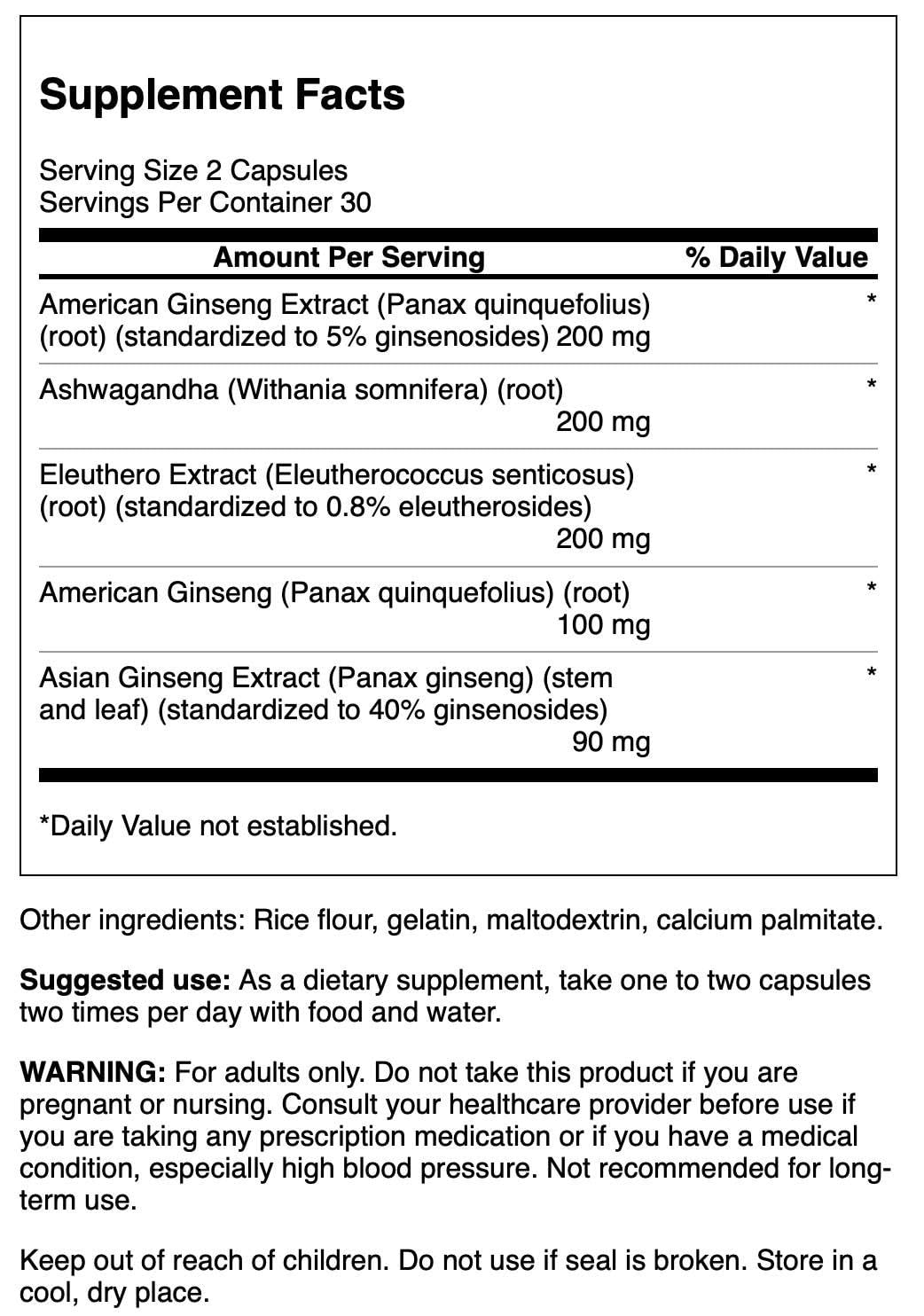 Swanson Dual Ginseng Plus etiqueta frontal: fácil revisión de dosis y beneficios
