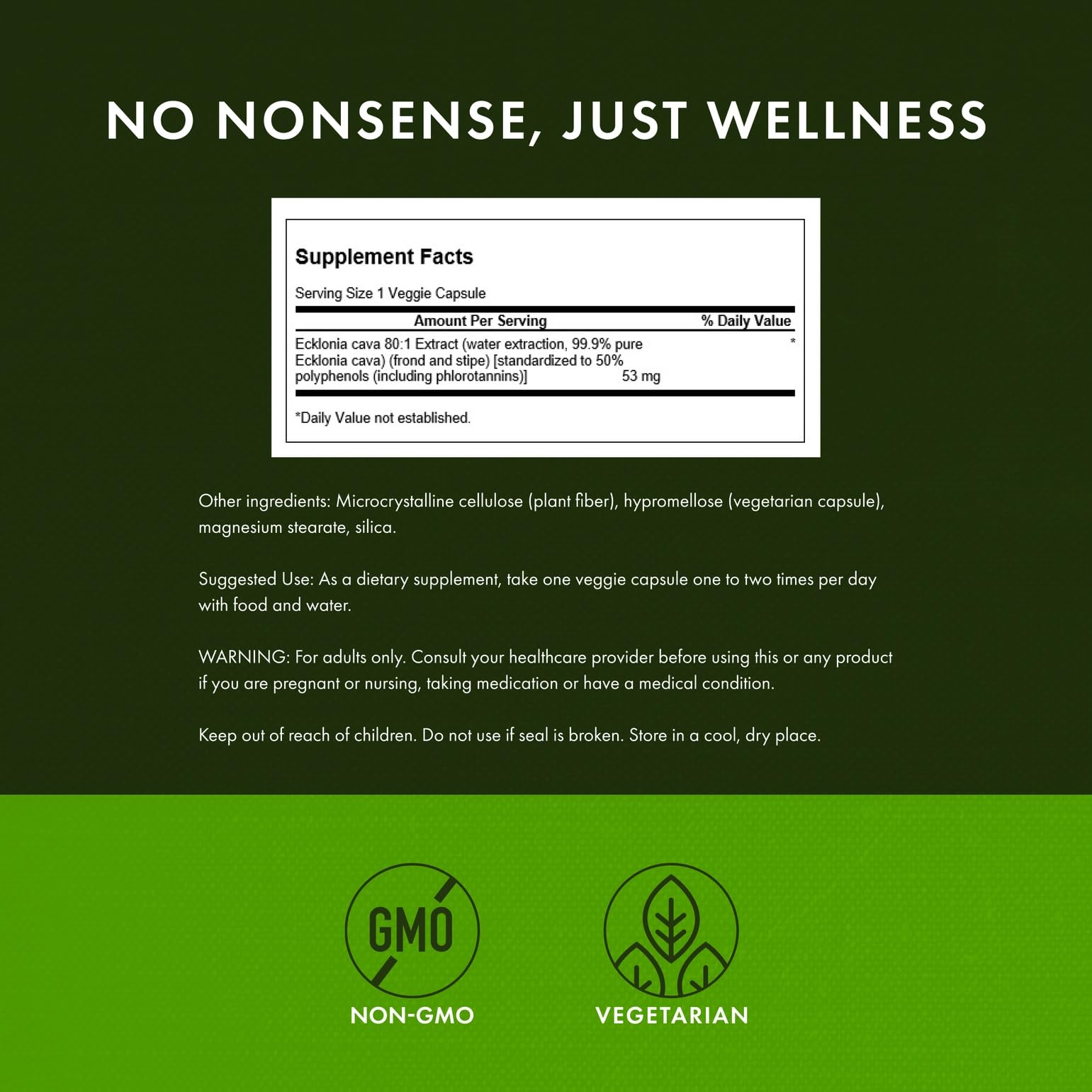 Swanson Ecklonia Cava Extract: etiqueta frontal mostrando la fórmula estandarizada y pureza.
