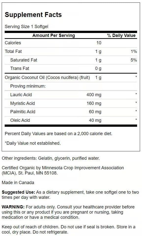 Swanson EFAs Aceite de Coco Orgánico, cápsulas visibles para uso diario.