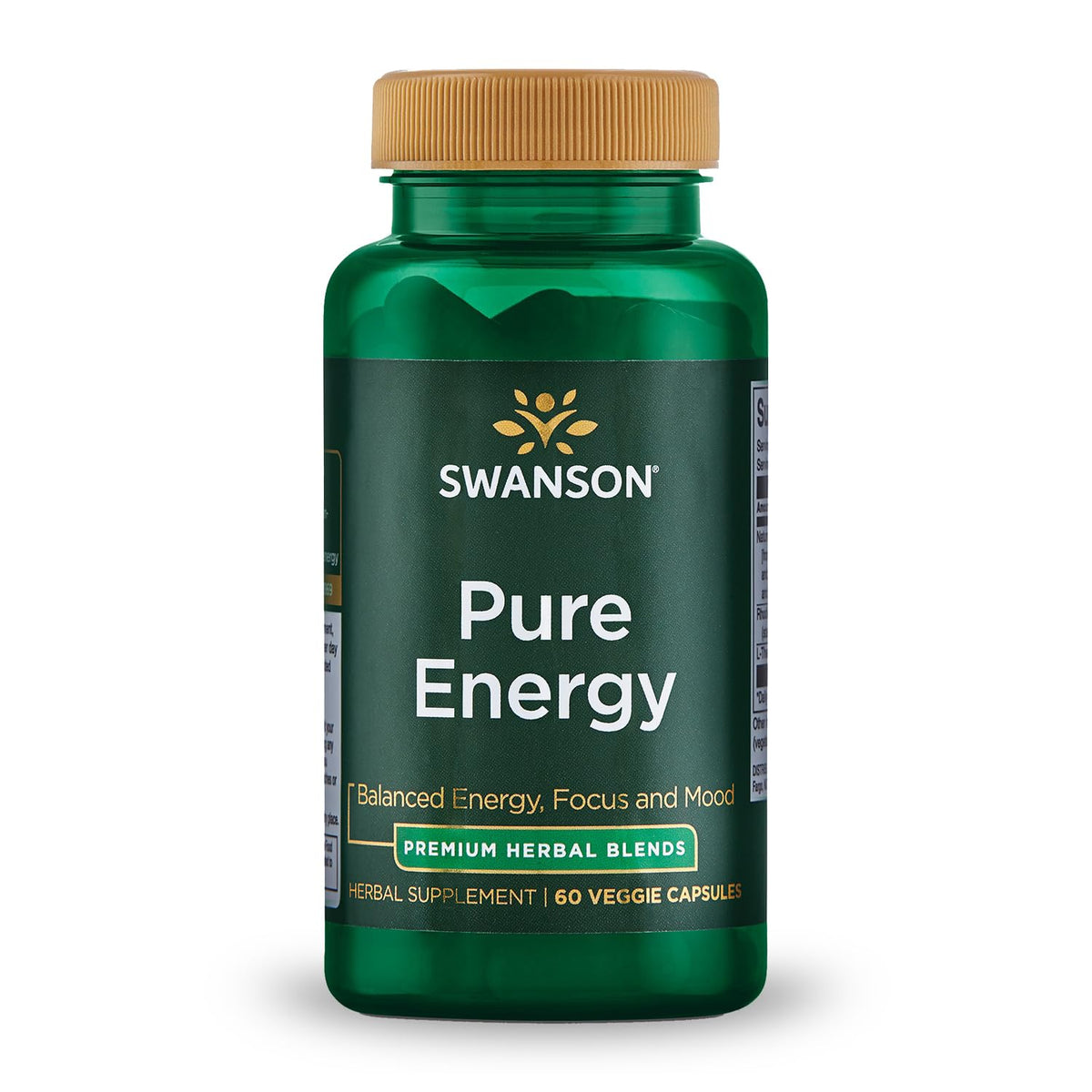Swanson Pure Energy, botella, apoyo de energía sostenida y concentración durante el día.