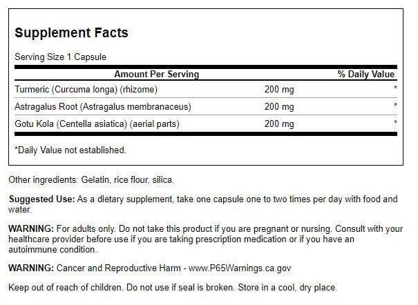 Swanson envase de cápsulas con complejo curcuma astrágalo gotu-kola para soporte inmune
