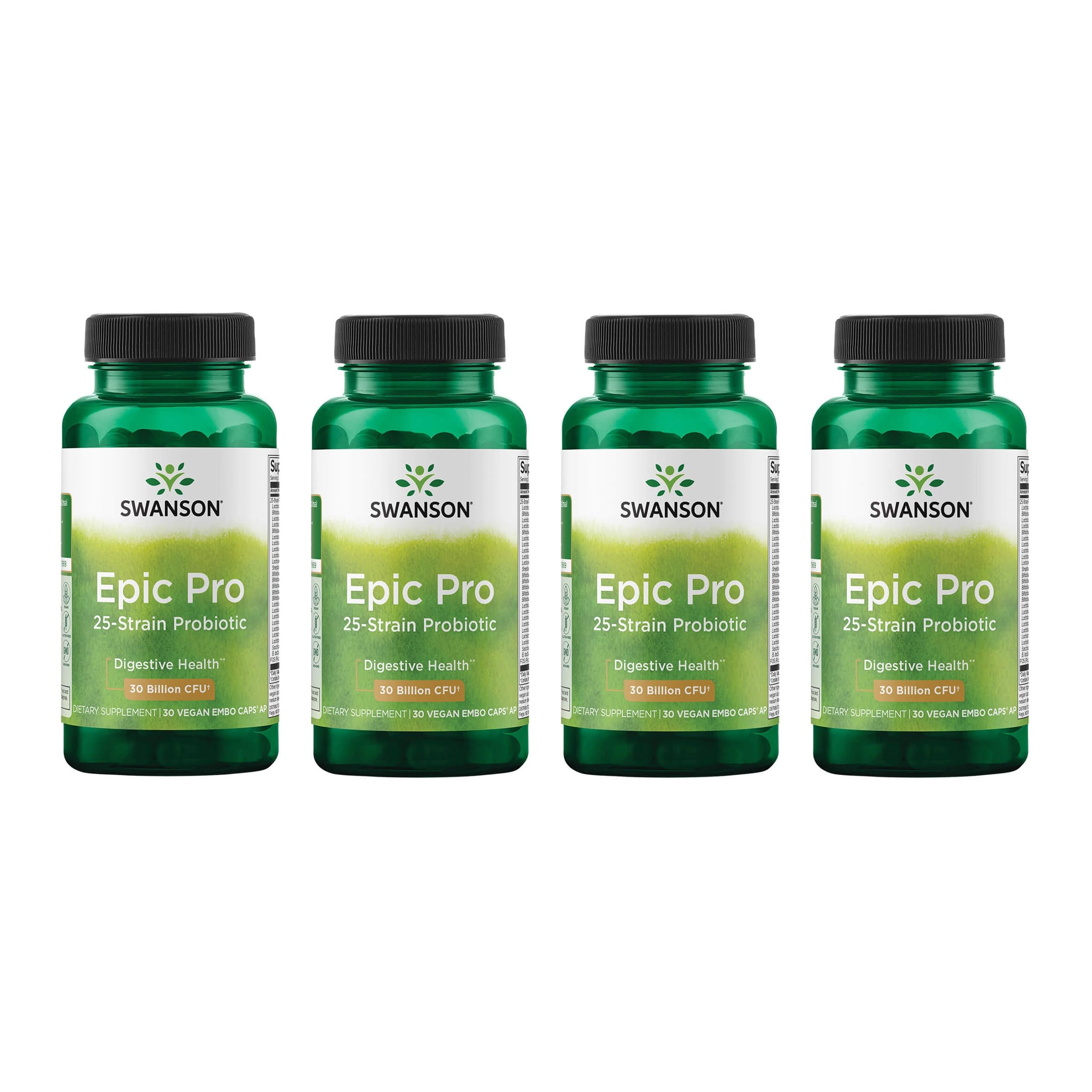 Swanson Epic-Pro frasco de probióticos con 25 cepas para equilibrio digestivo.