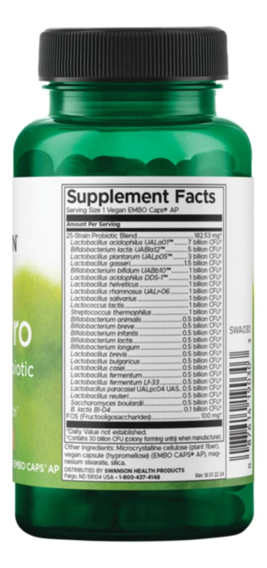 Swanson Epic-Pro, cápsulas en primer plano; beneficios probióticos para la salud intestinal.