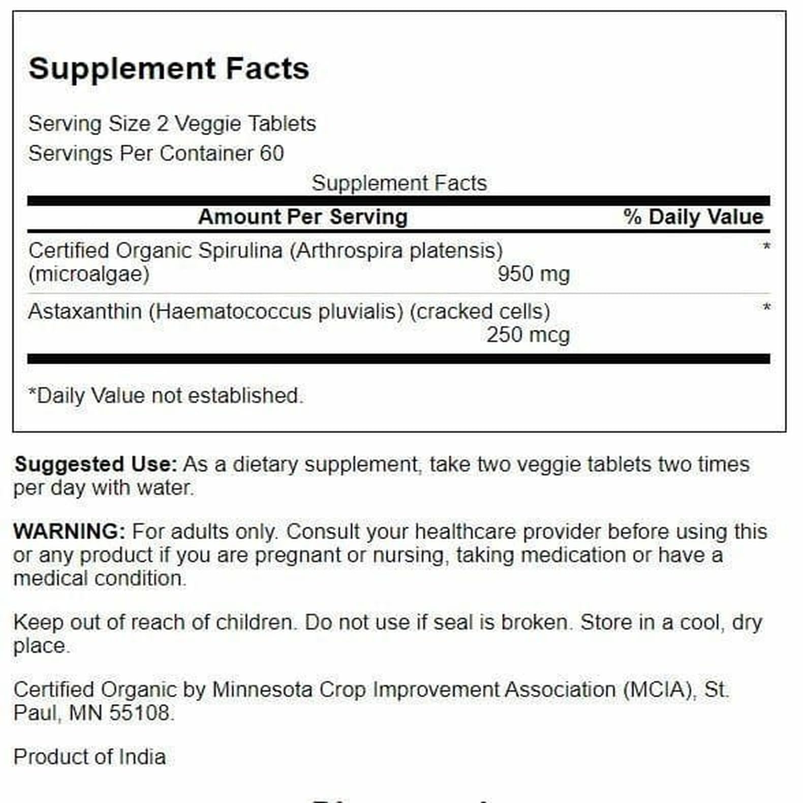 Swanson Espirulina Orgánica y Astaxantina – etiqueta nutricional con proteína vegetal
