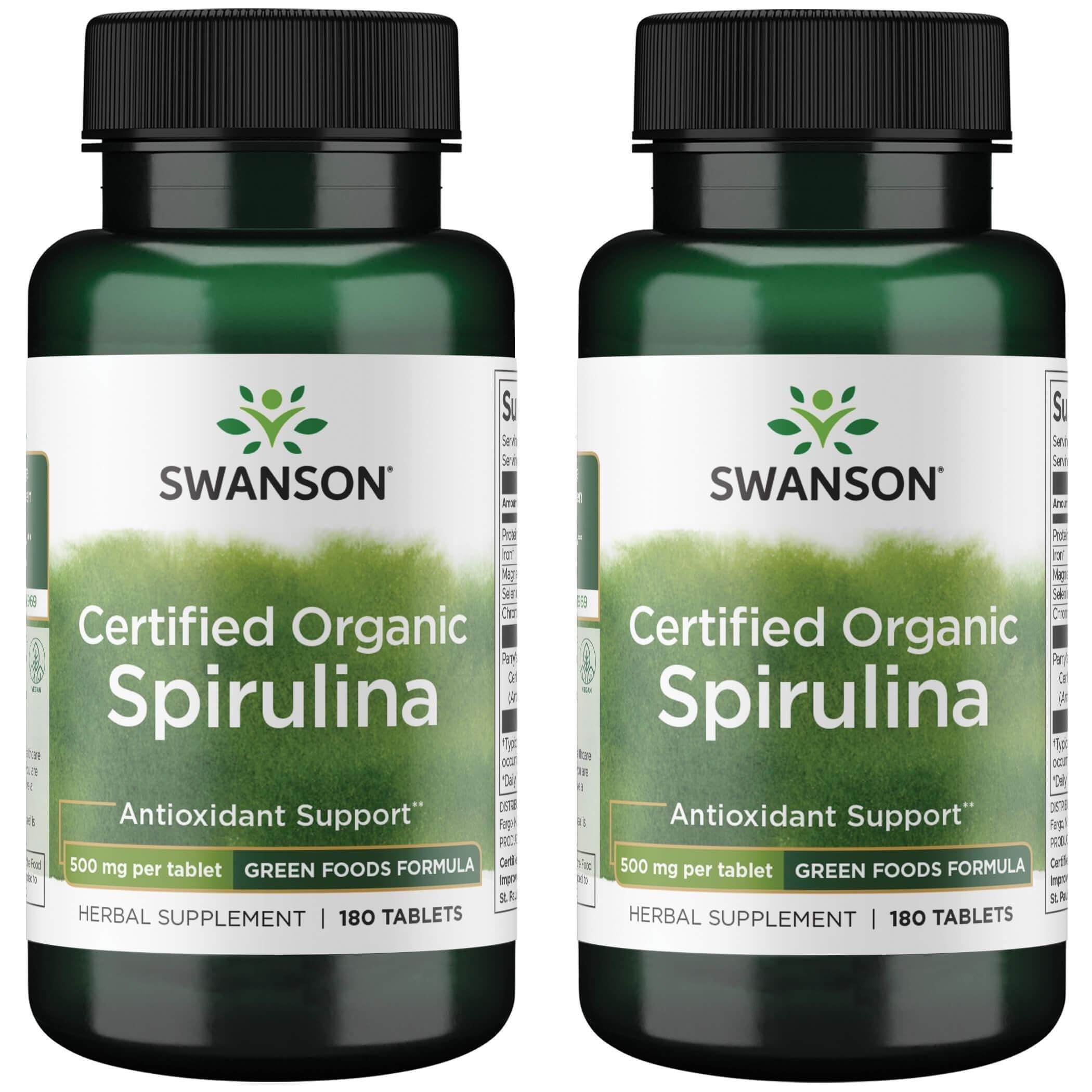 Swanson Espirulina Orgánica certificada, empaque de 180 tabletas para apoyo diario de energía y vitalidad.