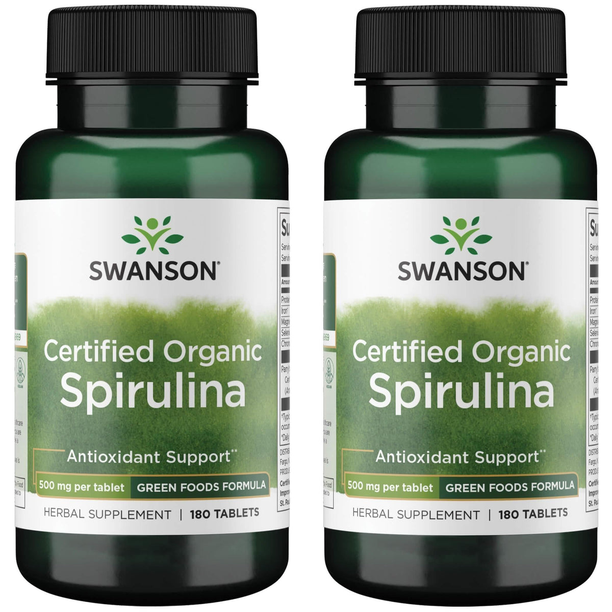 Swanson Espirulina Orgánica certificada, empaque de 180 tabletas para apoyo diario de energía y vitalidad.