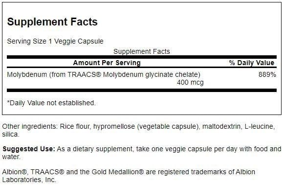 Etiqueta de Swanson Molibdeno 400 mcg mostrando cápsulas vegetarianas