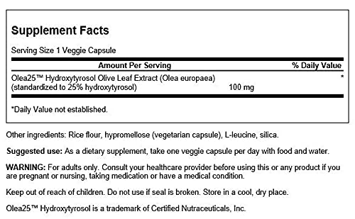 Swanson HRB Hoja de Olivo, etiqueta Olea25 destaca hidroxi tirosol y antioxidantes.