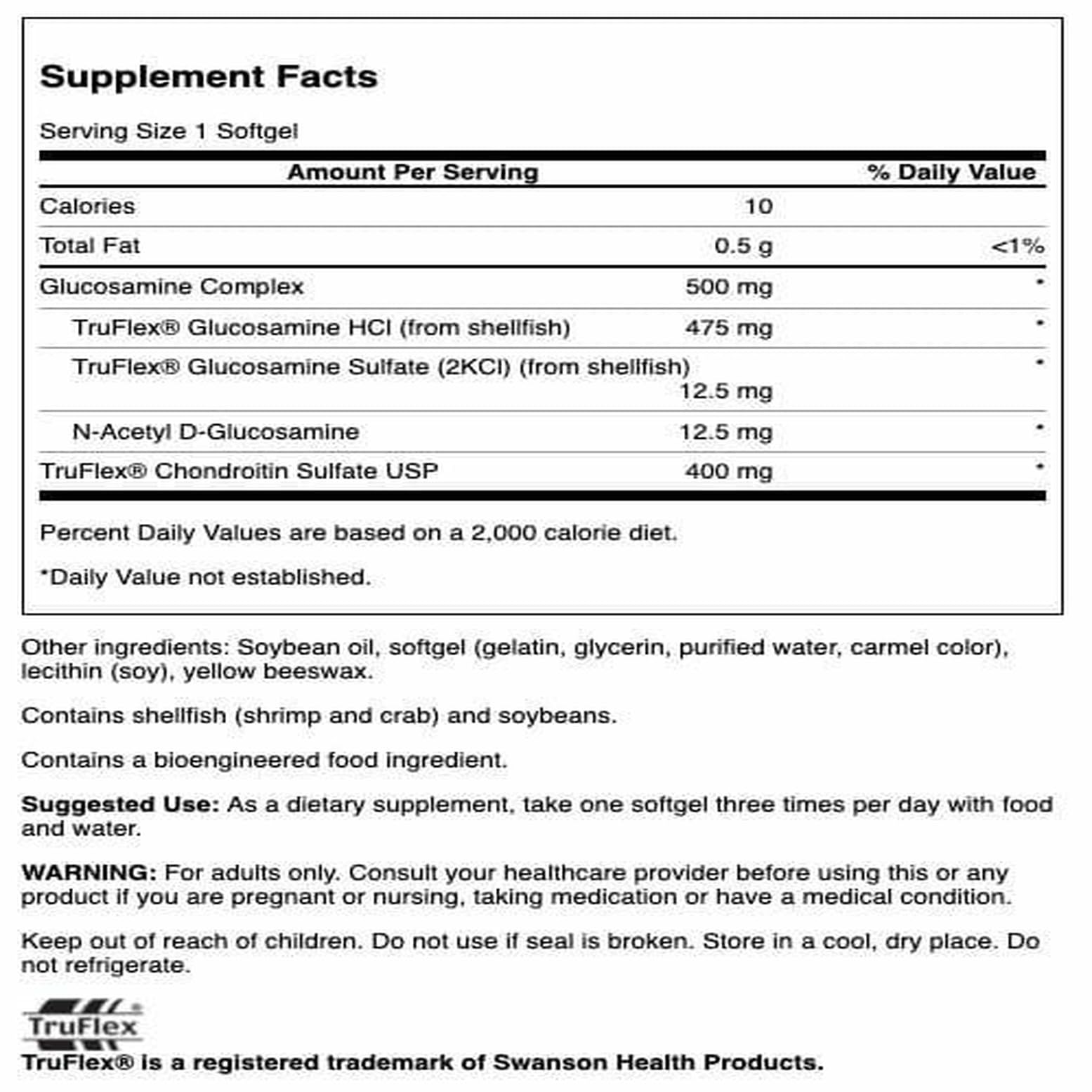 Etiqueta de Swanson Glucosamina Condroitina con indicación de pureza y GMP