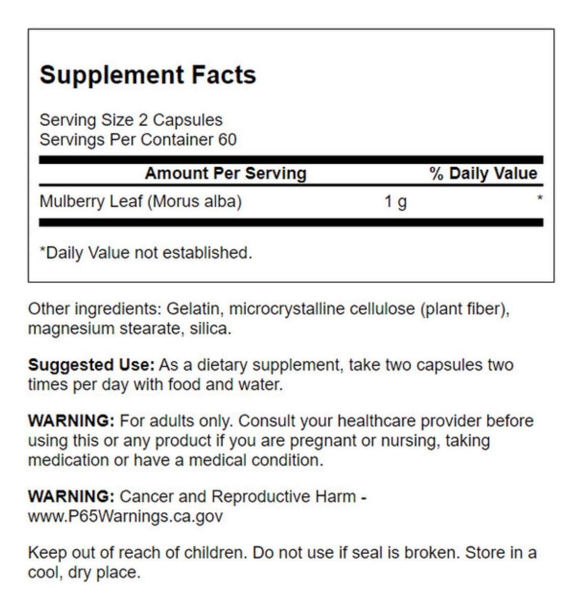 Etiqueta Swanson Morera con guía de uso y beneficios antioxidantes.