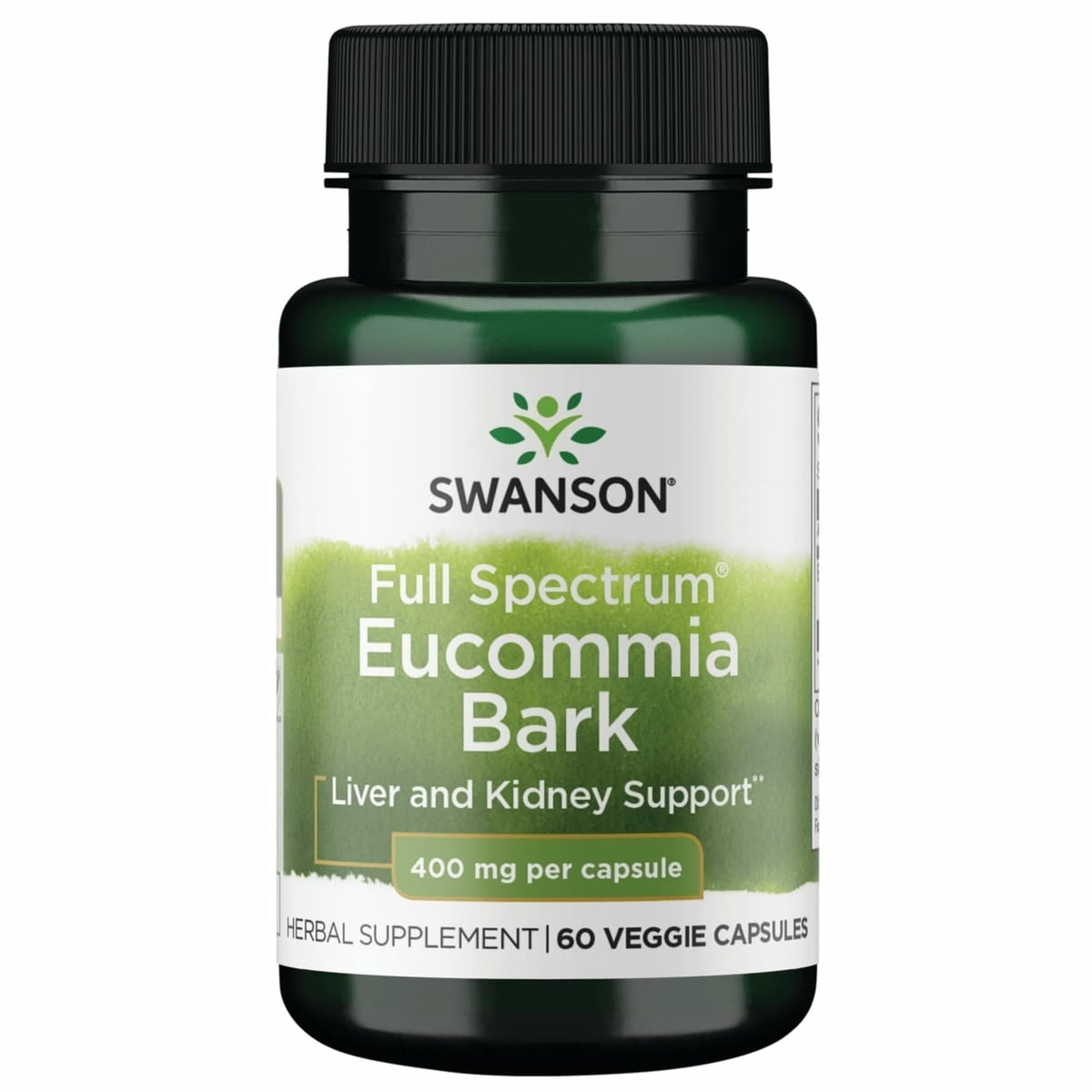 Swanson Eucommia Bark cápsulas veganas: botella visible, posible apoyo para vitalidad diaria.