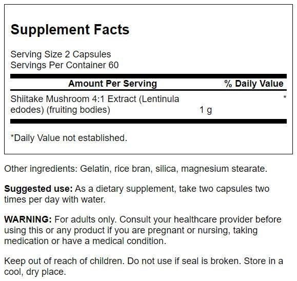 Swanson Shiitake 4:1 envase cápsulas: posible beneficio para la salud cardiovascular.