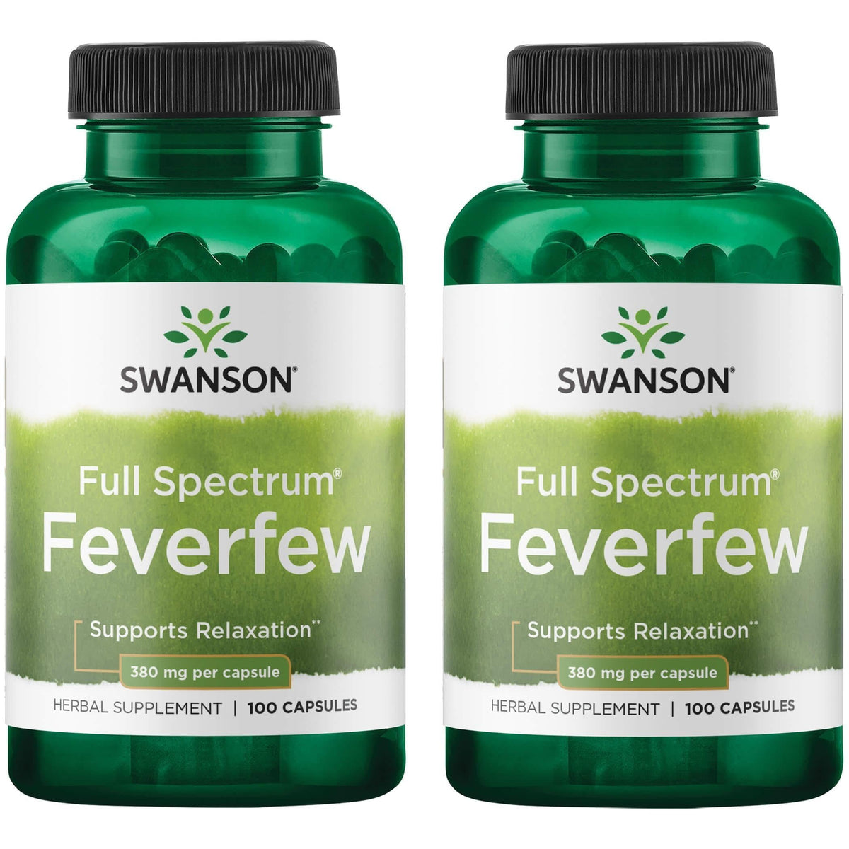 Frasco de Swanson Feverfew 380 mg, cápsulas, para relajación y bienestar diario.