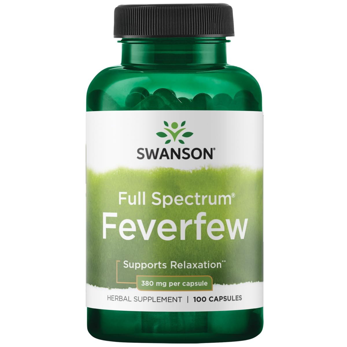 Swanson Feverfew 380 mg cápsulas, vista frontal, para apoyo de la relajación diaria.