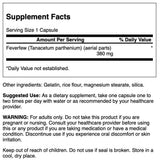 Swanson Feverfew 380 mg cápsulas, vista trasera, ideal para uso diario y bienestar general.