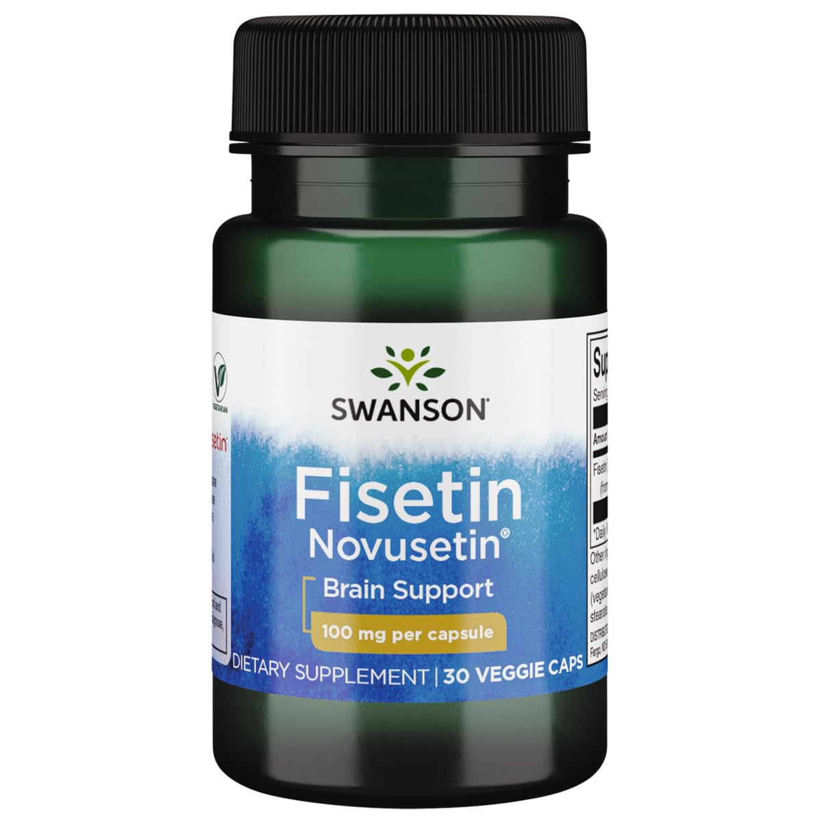 Swanson Fisetin cápsulas y envase, posible apoyo al enfoque mental.